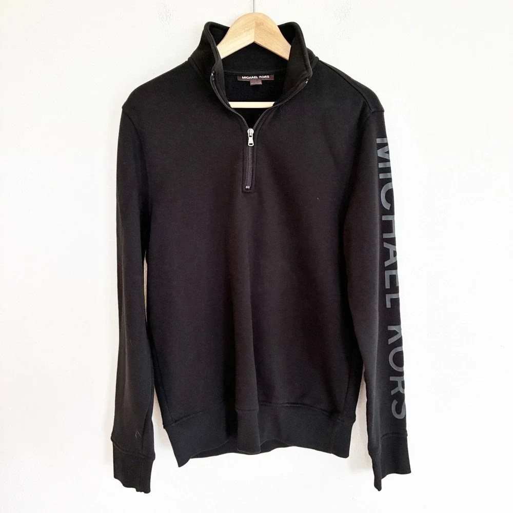Michael Kors 1/4 Zip Sweatshirt Mens M Black Logo Sleeve Pullover Luxury